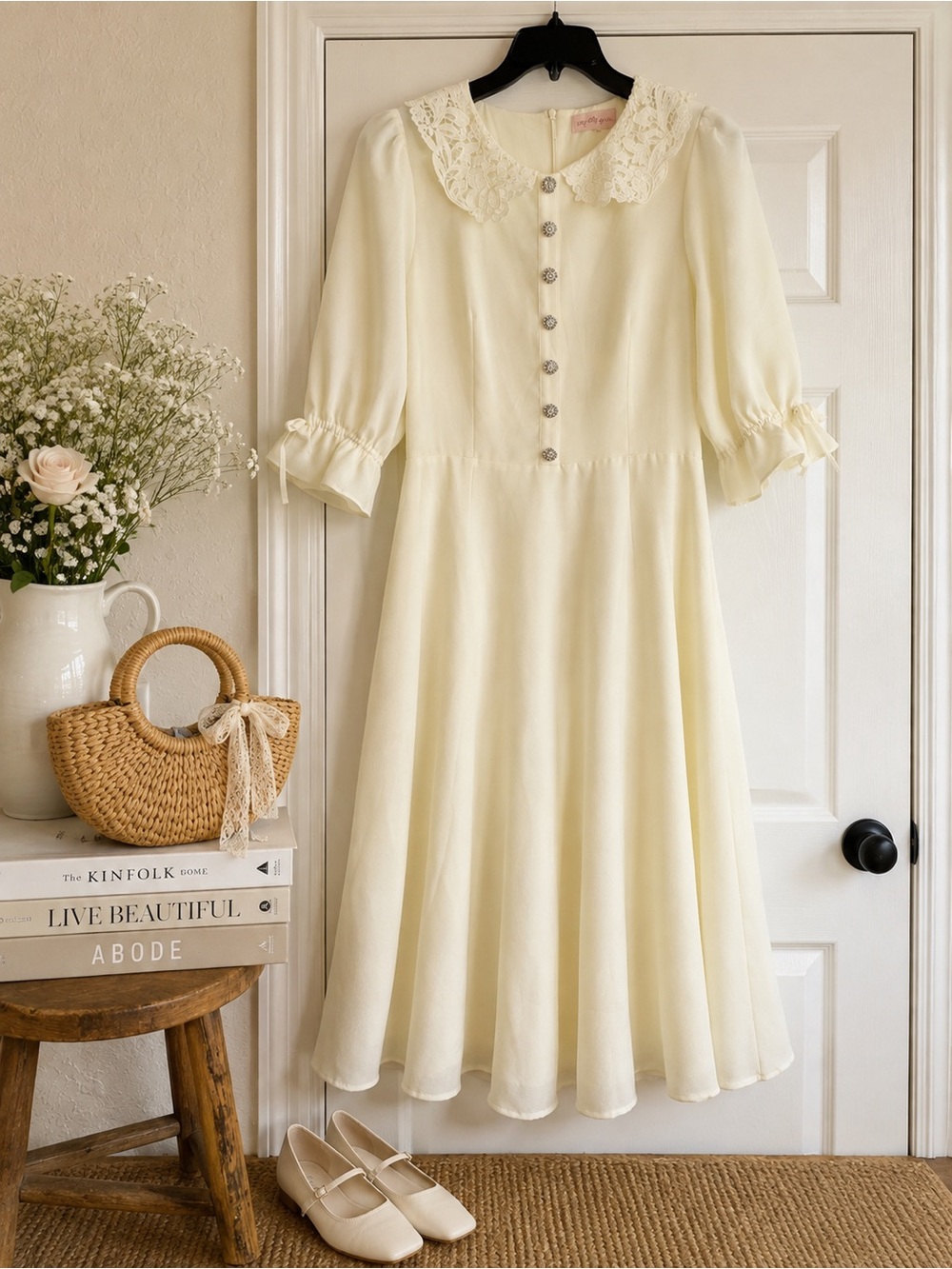 Ivy City Co Cream Lace-Collar Midi Dress with Puff Sleeves